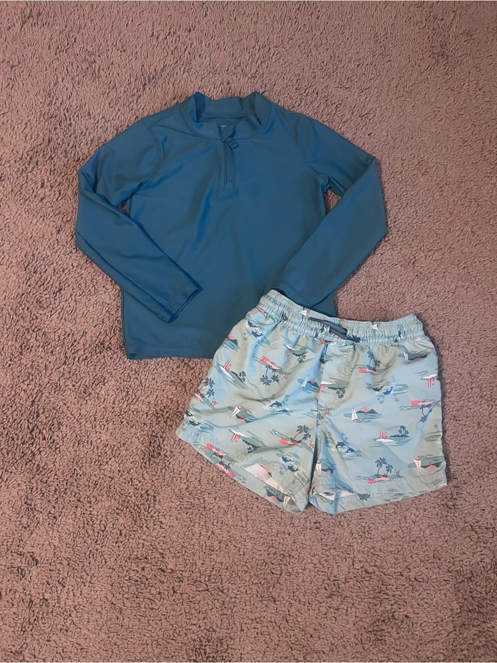 Carter's Blue Long-Sleeve Rash Guard with Light Blue Printed Swim Shorts